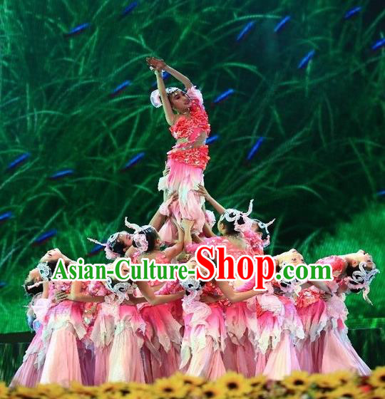 Traditional Chinese Dai Nationality Peacock Dancing Costume, Folk Dance Ethnic Paillette Fishtail Dress Palace Princess Uniform, Chinese Minority Nationality Dancing Pink Clothing for Kids