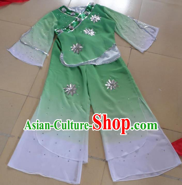 Traditional Chinese Yangge Fan Dancing Costume, Children Folk Dance Yangko Blouse and Pants Uniforms, Classic Lotus Dance Elegant Dress Drum Dance Green Clothing for Kids
