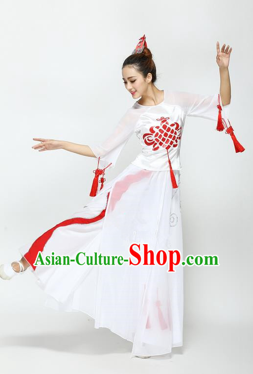 Traditional Chinese Yangge Fan Dancing Costume, Folk Dance Yangko Chinese Knot Tassel Uniforms, Classic Umbrella Dance Elegant Dress Drum Dance Clothing for Women