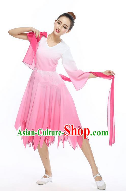 Traditional Chinese Yangge Fan Dancing Costume, Folk Dance Yangko Uniforms, Classic Jasmine Flower Dance Big Swing Pink Dress Elegant Drum Dance Clothing for Women