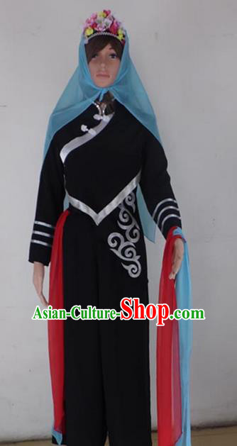 Traditional Chinese Yi Nationality Dancing Costume, Folk Dance Ethnic Dress Palace Princess Uniform, Chinese Yi Minority Nationality Dancing Black Clothing for Women