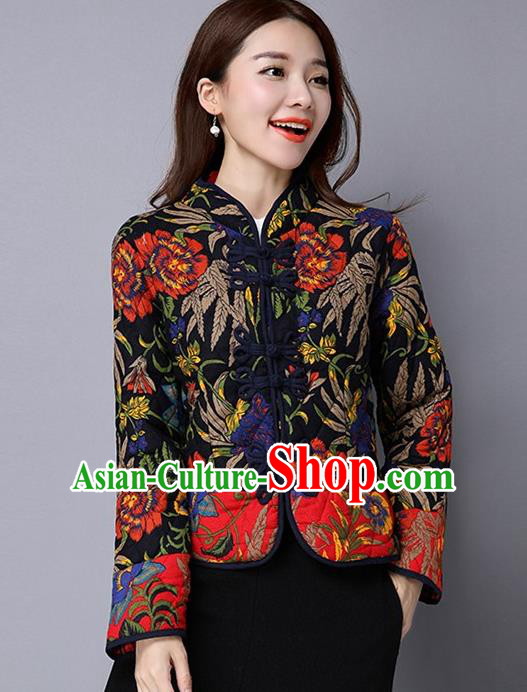 Traditional Ancient Chinese National Costume, Elegant Hanfu Coat, China Tang Suit Stand Collar Cotton-Padded Coat, Upper Outer Garment Embroidered Black Jacket Clothing for Women