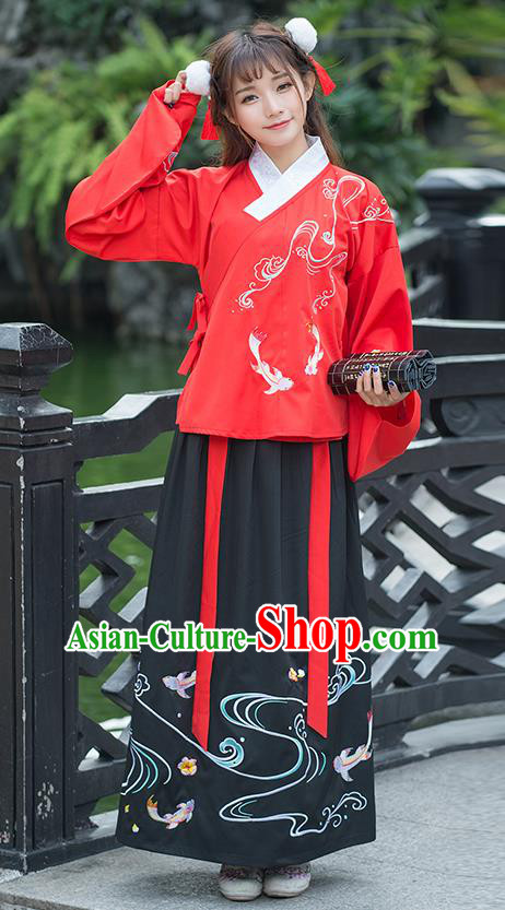 Traditional Ancient Chinese Ancient Costume, Elegant Hanfu Clothing Embroidered Dress, China Ming Dynasty Embroidered Blouse and Skirt Complete Set for Women
