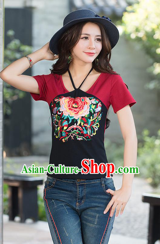 Traditional Ancient Chinese National Costume, Elegant Hanfu Halter T-Shirt, China Tang Suit Round Collar Red Embroidered Peony Blouse Cheongsam Upper Outer Garment Clothing for Women
