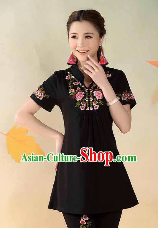 Traditional Ancient Chinese National Costume, Elegant Hanfu T-Shirt, China Tang Suit Mandarin Collar Black Blouse Cheongsam Upper Outer Garment Clothing for Women
