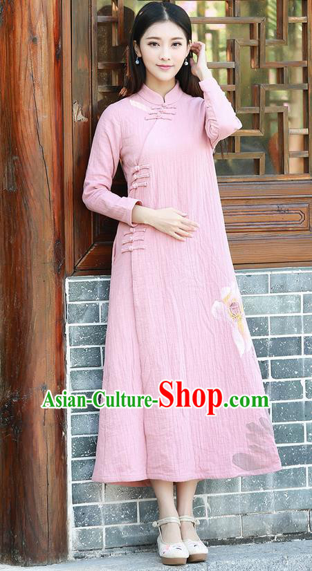 Traditional Ancient Chinese National Costume, Elegant Hanfu Hand Printing Linen Dress, China Tang Suit Cheongsam Upper Outer Garment Pink Elegant Dress Clothing for Women