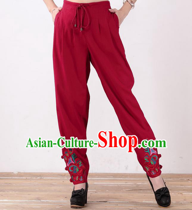 Traditional Ancient Chinese National Costume Plus Fours, Elegant Hanfu Embroidered Pants, China Tang Suit Linen Red Bloomers for Women
