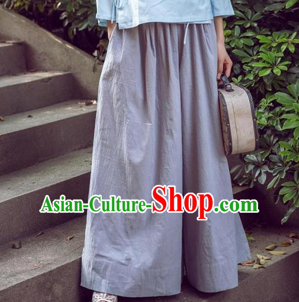 Traditional Ancient Chinese National Costume Loose Pants, Elegant Hanfu Pants, China Tang Suit Linen Grey Wide Leg Pants for Women