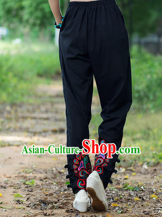Traditional Ancient Chinese National Costume Trousers, Elegant Hanfu Embroidered Pants, China Tang Suit Cotton Black Leisure Pants for Women
