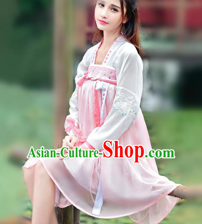Traditional Ancient Chinese Ancient Costume, Elegant Hanfu Clothing Embroidered Pink Dress, China Tang Dynasty Blouse and Skirt Complete Set for Women