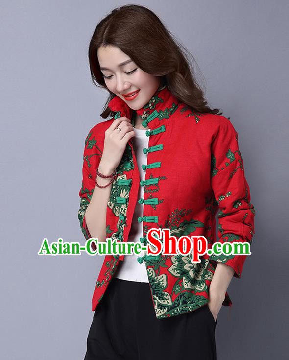 Traditional Ancient Chinese National Costume, Elegant Hanfu Coat, China Tang Suit Stand Collar Cotton-Padded Coat, Upper Outer Garment Embroidered Red Jacket Clothing for Women
