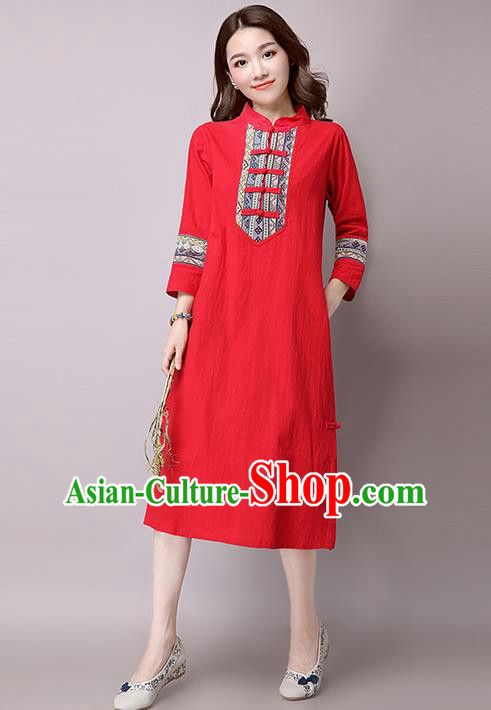 Traditional Ancient Chinese National Costume, Elegant Hanfu Stand Collar Embroidered Dress, China Tang Suit Mandarin Collar Cheongsam Upper Outer Garment Red Dress Clothing for Women