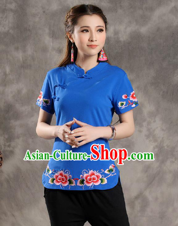 Traditional Ancient Chinese National Costume, Elegant Hanfu Shirt, China Tang Suit Embroidered Blue Blouse Cheongsam Upper Outer Garment Clothing for Women