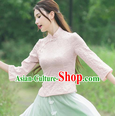 Traditional Ancient Chinese National Costume, Elegant Hanfu Embroidered Shirt, China Tang Suit Embroidered Butterfly Pink Blouse Cheongsam Upper Outer Garment Clothing for Women