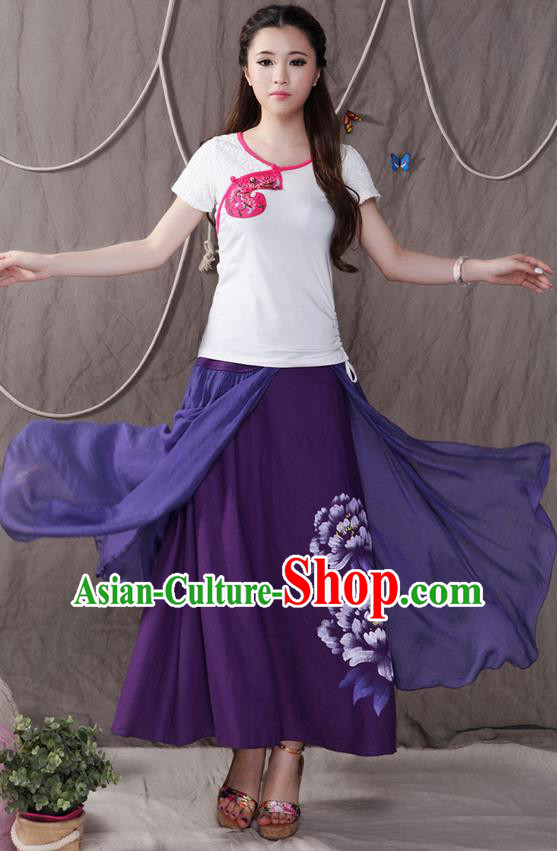 Traditional Ancient Chinese National Pleated Skirt Costume, Elegant Hanfu Printing Peony Big Swing Long Dress, China Tang Suit Cotton Purple Bust Skirt for Women