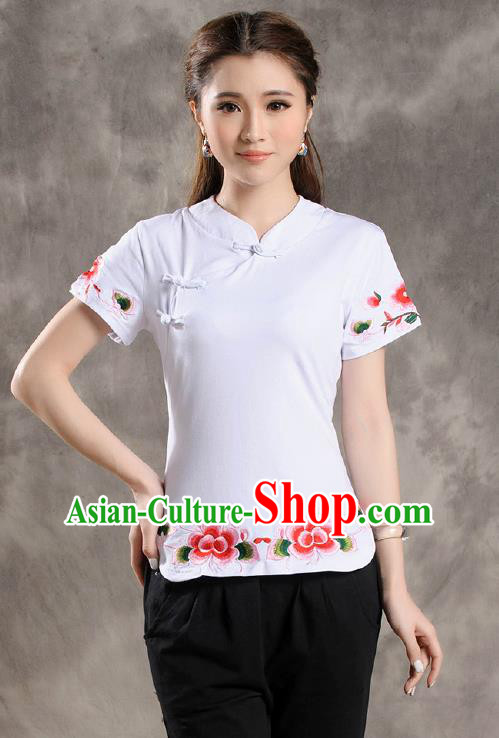 Traditional Ancient Chinese National Costume, Elegant Hanfu Shirt, China Tang Suit Embroidered White Blouse Cheongsam Upper Outer Garment Clothing for Women