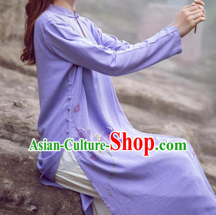 Traditional Ancient Chinese National Costume, Elegant Hanfu Purple Printing Dress, China National Minority Tang Suit Cheongsam Upper Outer Garment Dress Clothing for Women