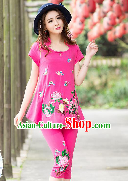 Traditional Ancient Chinese National Costume, Elegant Hanfu Embroidered T-Shirt and Pants, China Tang Suit Embroidered Butterfly Pink Blouse Cheongsam Upper Outer Garment Clothing for Women