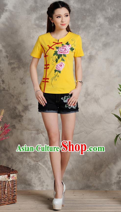 Traditional Ancient Chinese National Costume, Elegant Hanfu Plated Buttons T-Shirt, China Tang Suit Embroidered Peony Yellow Blouse Cheongsam Upper Outer Garment Shirts Clothing for Women