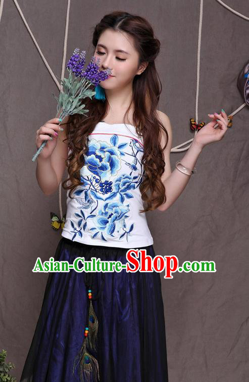 Traditional Ancient Chinese National Costume, Elegant Hanfu Halter Camisole Sleeveless Vests, China National Minority Tang Suit White Embroidered Blue Peony Waistcoat Upper Outer Garment Clothing for Women