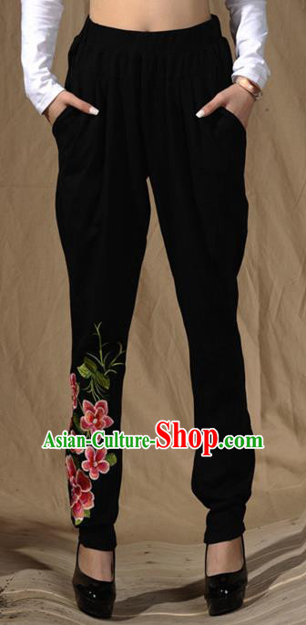 Traditional Ancient Chinese National Costume Plus Fours, Elegant Hanfu Embroidered Long Pants, China Tang Suit Cotton Black Bloomers for Women