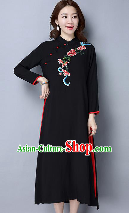 Traditional Ancient Chinese National Costume, Elegant Hanfu Embroidering Flowers Dress, China Tang Suit Cheongsam Upper Outer Garment Black Elegant Dress Clothing for Women