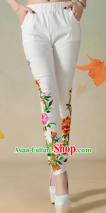 Traditional Ancient Chinese National Costume Casual Pants, Elegant Hanfu Embroidered Pants, China Tang Suit White Leisure Trousers for Women