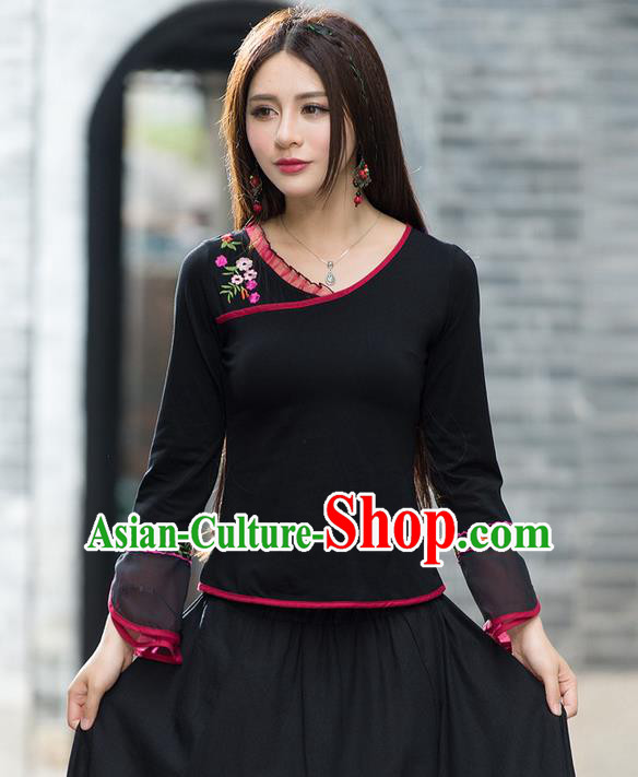 Traditional Ancient Chinese National Costume, Elegant Hanfu Embroidered T-Shirt, China Tang Suit Embroidered Mandarin Sleeve Blouse Cheongsam Upper Outer Garment Shirts Clothing for Women