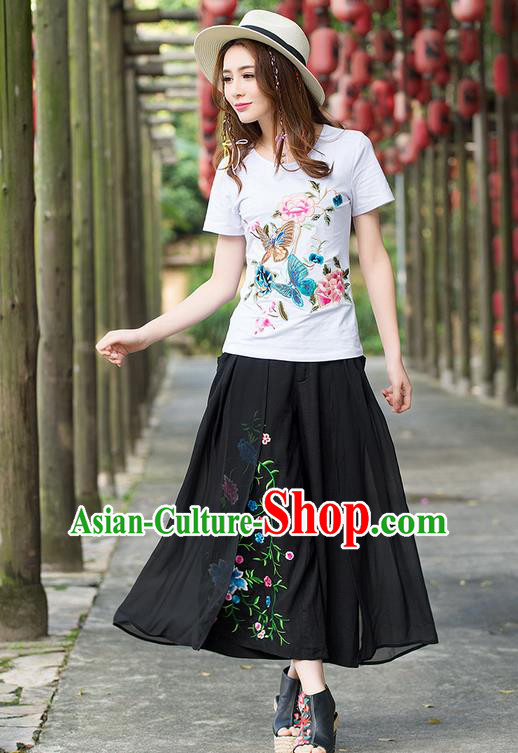 Traditional Ancient Chinese National Costume Loose Pants, Elegant Hanfu Embroidering Flower Black Pants, China Tang Suit Linen Wide Leg Pants for Women