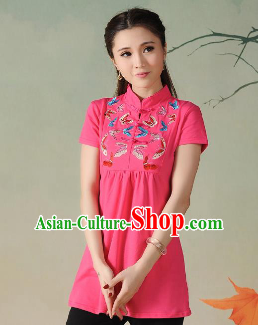 Traditional Ancient Chinese National Costume, Elegant Hanfu Embroidered Butterfly Stand Collar T-Shirt, China Tang Suit Pink Blouse Cheongsam Upper Outer Garment Qipao Shirts Clothing for Women