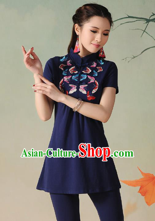 Traditional Ancient Chinese National Costume, Elegant Hanfu Embroidered Butterfly Stand Collar T-Shirt, China Tang Suit Navy Blouse Cheongsam Upper Outer Garment Qipao Shirts Clothing for Women
