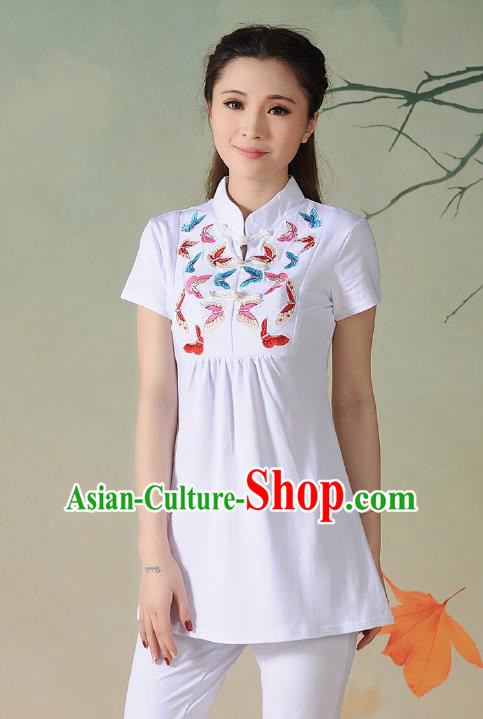 Traditional Ancient Chinese National Costume, Elegant Hanfu Embroidered Butterfly Stand Collar T-Shirt, China Tang Suit White Blouse Cheongsam Upper Outer Garment Qipao Shirts Clothing for Women