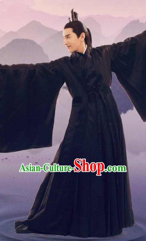 Traditional Ancient Chinese Elegant Swordsman Black Costume, Chinese Han Dynasty Male Prince Robe Dress, Cosplay Ten Great III of Peach Blossom Nobility Childe Ye hua Chinese Imperial Crown Prince Hanfu Clothing for Men