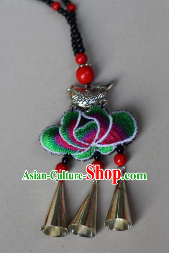 Traditional Chinese Miao Nationality Crafts Jewelry Accessory, Hmong Handmade Bells Tassel Double Side Embroidery Lotus Pendant, Miao Ethnic Minority Bells Necklace Accessories Sweater Chain Pendant for Women
