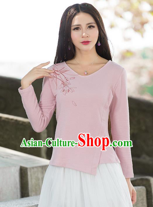 Traditional Ancient Chinese National Costume, Elegant Hanfu Embroidered T-Shirt, China Tang Suit Embroidered Pink Blouse Cheongsam Upper Outer Garment Qipao Shirts Clothing for Women