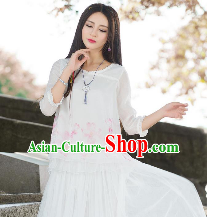 Traditional Ancient Chinese National Costume, Elegant Hanfu Printing T-Shirt, China Tang Suit Lace Edge Blouse Cheongsam Upper Outer Garment Qipao Shirts Clothing for Women