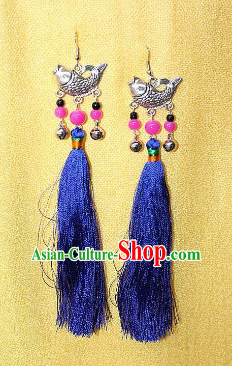 Traditional Chinese Miao Nationality Crafts Jewelry Accessory Classical Earbob Accessories, Hmong Handmade Miao Silver Fish Palace Lady Royalblue Silk Tassel Earrings, Miao Ethnic Minority Eardrop for Women