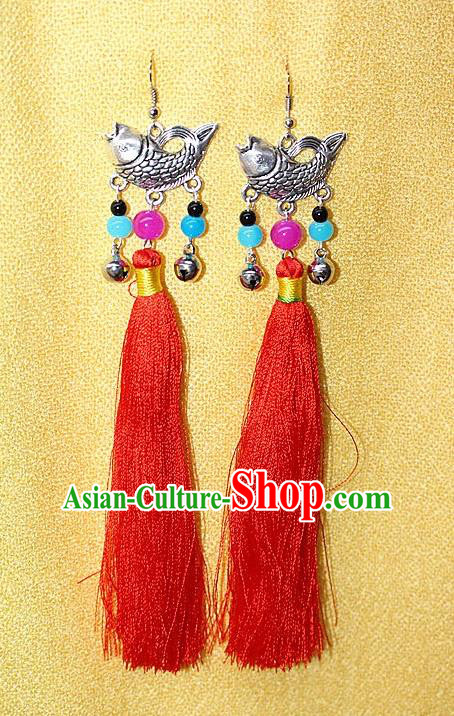 Traditional Chinese Miao Nationality Crafts Jewelry Accessory Classical Earbob Accessories, Hmong Handmade Miao Silver Fish Palace Lady Red Silk Tassel Earrings, Miao Ethnic Minority Eardrop for Women