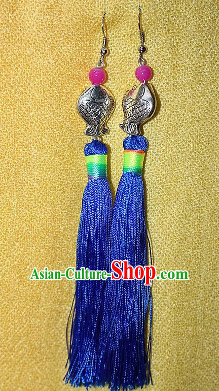 Traditional Chinese Miao Nationality Crafts Jewelry Accessory Classical Earbob Accessories, Hmong Handmade Miao Silver Kiss Fish Palace Lady Blue Silk Tassel Earrings, Miao Ethnic Minority Eardrop for Women
