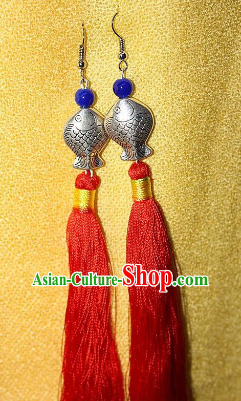 Traditional Chinese Miao Nationality Crafts Jewelry Accessory Classical Earbob Accessories, Hmong Handmade Miao Silver Kiss Fish Palace Lady Red Silk Tassel Earrings, Miao Ethnic Minority Eardrop for Women