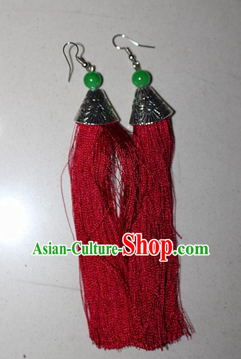 Traditional Chinese Miao Nationality Crafts Jewelry Accessory Classical Earbob Accessories, Hmong Handmade Palace Lady Red Silk Tassel Earrings, Miao Ethnic Minority Eardrop for Women