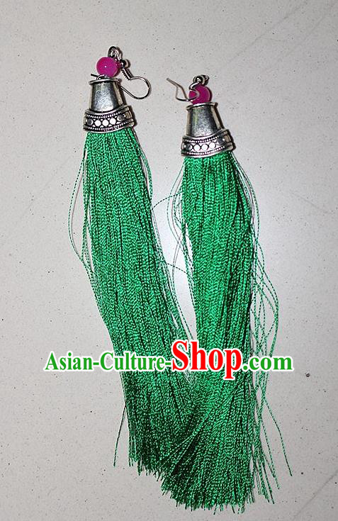 Traditional Chinese Miao Nationality Crafts Jewelry Accessory Classical Earbob Accessories, Hmong Handmade Palace Lady Green Silk Tassel Earrings, Miao Ethnic Minority Eardrop for Women