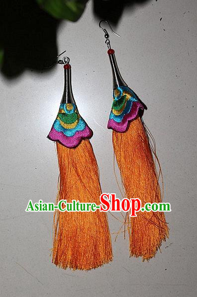 Traditional Chinese Miao Nationality Crafts Jewelry Accessory Classical Earbob Accessories, Hmong Handmade Embroidery Palace Lady Yellow Silk Tassel Earrings, Miao Ethnic Minority Eardrop for Women