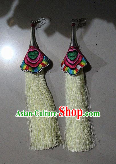 Traditional Chinese Miao Nationality Crafts Jewelry Accessory Classical Earbob Accessories, Hmong Handmade Embroidery Palace Lady Yellow Silk Tassel Earrings, Miao Ethnic Minority Eardrop for Women