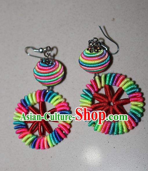 Traditional Chinese Miao Nationality Crafts Jewelry Accessory Classical Earbob Accessories, Hmong Handmade Kinking Palace Lady Round Earrings, Miao Ethnic Minority Weave Eardrop for Women