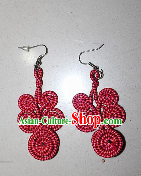 Traditional Chinese Miao Nationality Crafts Jewelry Accessory Classical Earbob Accessories, Hmong Handmade Kinking Palace Lady Red Earrings, Miao Ethnic Minority Weave Eardrop for Women