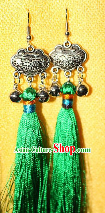 Traditional Chinese Miao Nationality Crafts Jewelry Accessory Classical Earbob Accessories, Hmong Handmade Miao Silver Longevity Lock Palace Lady Green Silk Tassel Earrings, Miao Ethnic Minority Eardrop for Women