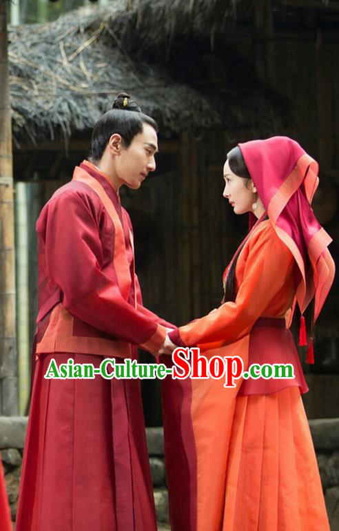 Traditional Chinese Ancient Wedding Costume Complete Set, Elegant Hanfu Bride and Bridegroom Couple Red Dress, China Han Dynasty Married Tailing Embroidered Clothing for Women for Men
