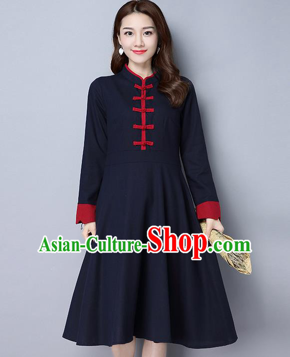 Traditional Ancient Chinese National Costume, Elegant Hanfu Stand Collar Plated Buttons Navy Dress, China Tang Suit Cheongsam Dress Upper Outer Garment Dress Clothing for Women