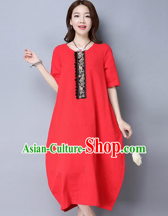 Traditional Ancient Chinese National Costume, Elegant Hanfu Linen Red Embroidery Dress, China Tang Suit Cheongsam Upper Outer Garment Elegant Dress Clothing for Women